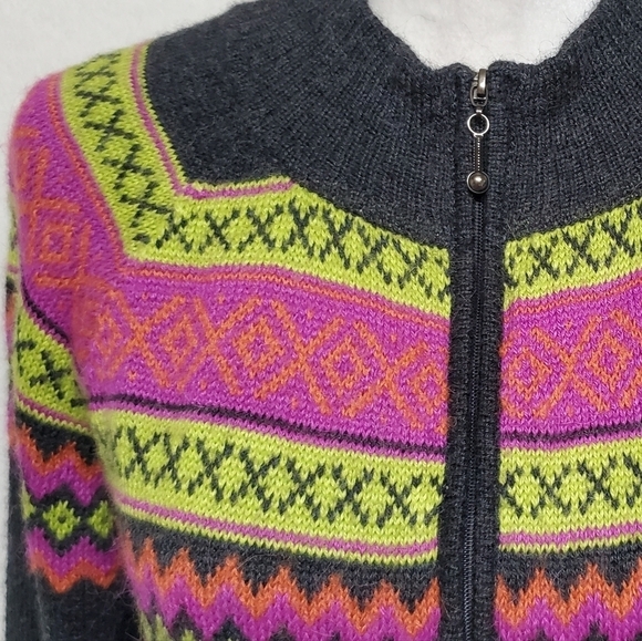 VINTAGE Alpaca Imports Pink Fair Isle Grey Wool Alpaca Full-zip Cardigan Sweater - Picture 4 of 12